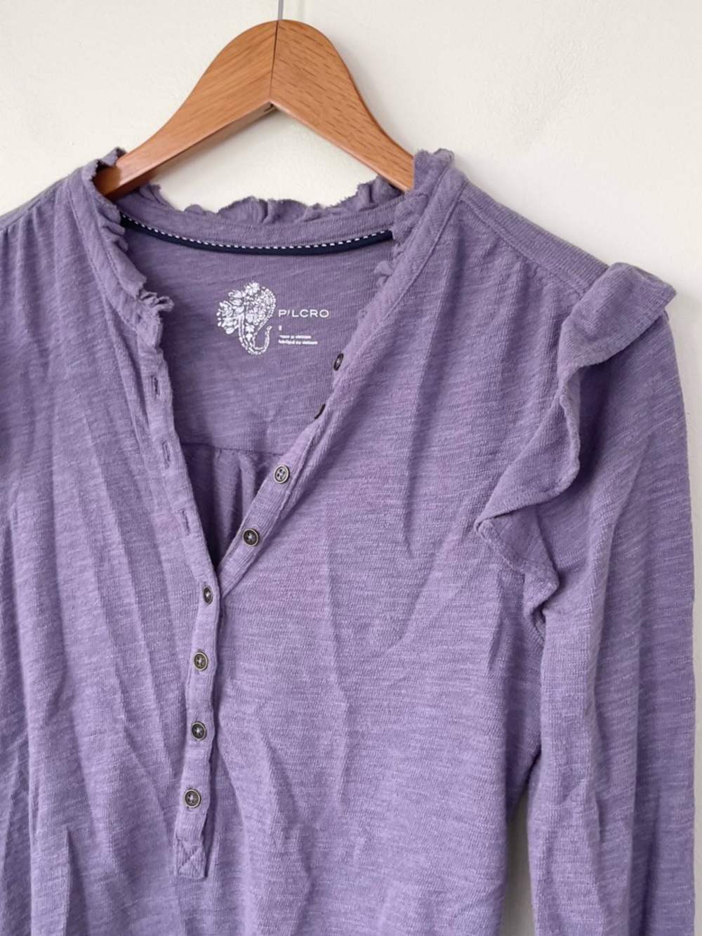 Anthropologie Pilcro Ruffled Henley Top S Small Purple Knit Popover Long Sleeve - Picture 4 of 11